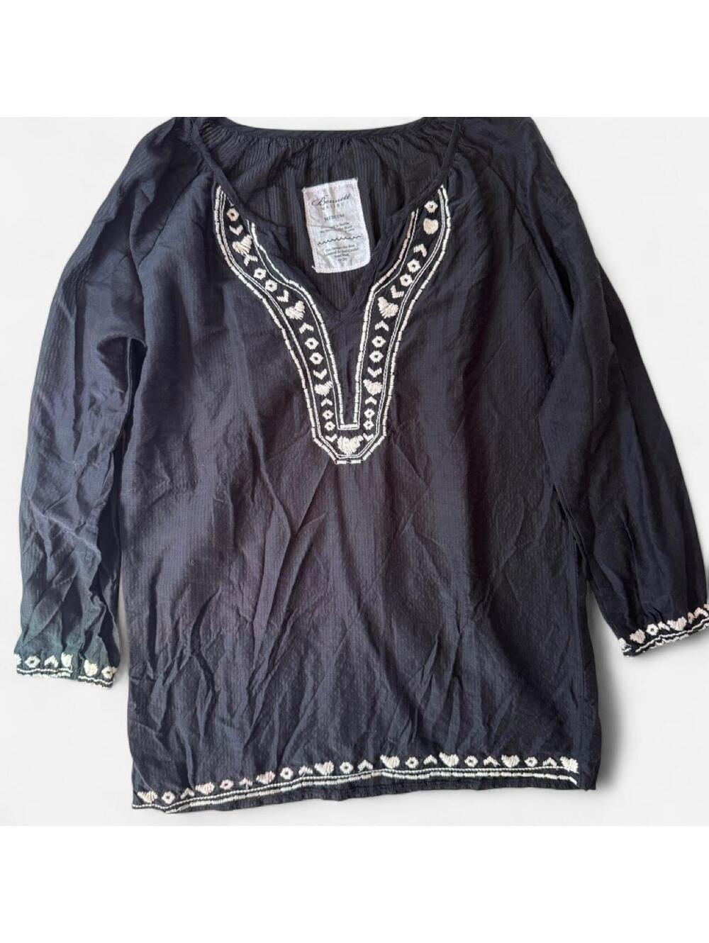 Silk Cotton Embroidered Boho Blouse Womens Medium Black Peasant Tunic Resort M